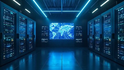 A brightly lit server room with rows of racks on either side, a world map display on the far wall - Powered by Adobe