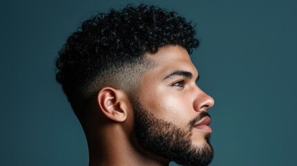 Fototapeta premium A young man with curly hair and a beard, wearing a black t-shirt, stands against a blue background with a neutral expression.