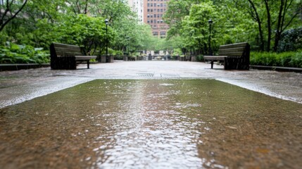 A park on a rainy day with benches and trees.
