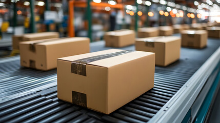 Packages moving along a conveyor belt in a busy warehouse, showcasing logistics and distribution efficiency