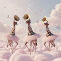 Giraffes wearing tutus and gramophones dance on clouds with butterflies flying around