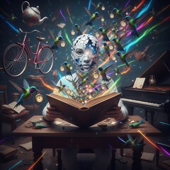 Person reading a book surrounded by colorful elements and objects in a creative setting