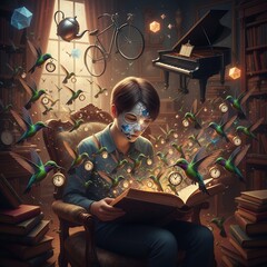 Boy sits in a library and reads a magical book with flying birds and clocks