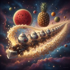 Train carries teapots through space surrounded by fruits and planets in popcorn clouds