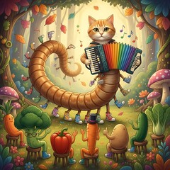 Cat plays accordion for vegetables in a colorful forest scene with music notes around