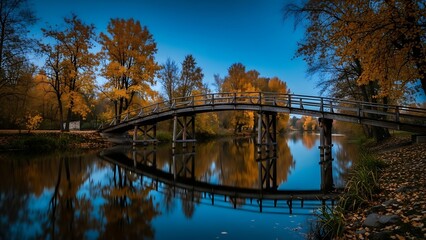 Autumn Bridge Over Calm River in Park Landscape