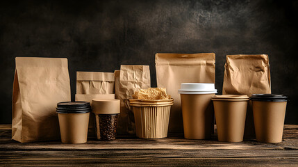 Various eco-friendly packaging options displayed on a rustic wooden table against a dark textured background