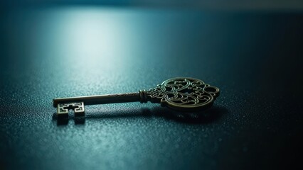 Antique, ornate key on textured surface, with focused detail and gradient lighting, symbolic