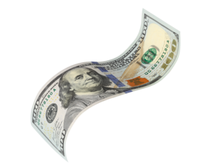 Curved hundred dollar banknote, isolated on transparent cutout background