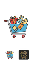 Shopping cart illustration filled with products and gift boxes on white