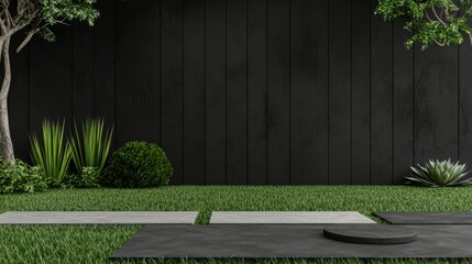 Modern Garden with Black Wall and Concrete Planters