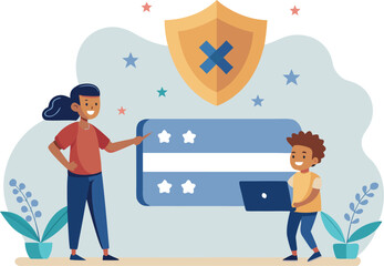 Educational illustration of a child learning to create strong secure passwords for account protection and cybersecurity