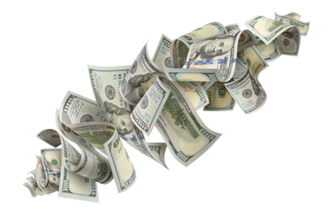 Flying hundred dollar banknotes, isolated on transparent cutout background