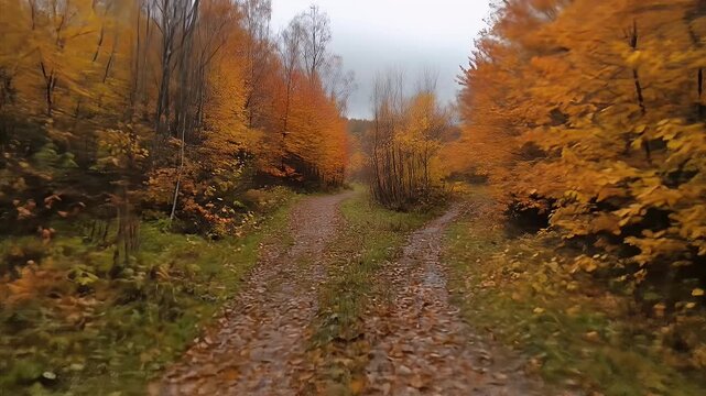 An autumnal path splits amidst vibrant trees with fallen leaves under a grey sky