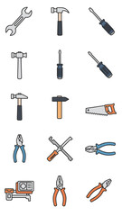 Obraz premium Assorted hand tools illustration with hammer screwdriver wrench and saw