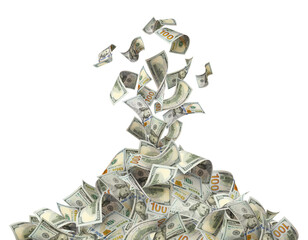 Money volcano erupting with flying hundred dollar bills, isolated on transparent cutout background
