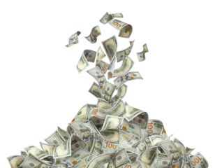 Money volcano erupting with flying hundred dollar bills, isolated on transparent cutout background