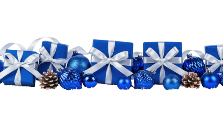photorealistic horizontal banner of sapphire blue gifts with silver ribbons, royal blue ornaments, and frosted pine cones on white snow in a high-key studio setting, elegant modern holiday greeting