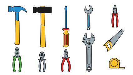Set of colorful hand tools illustrations for construction and repair