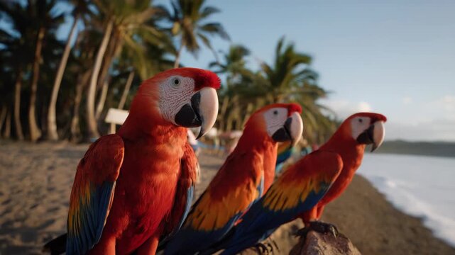 Colorful parrots perched on a tropical beach with lush palm trees and clear skies