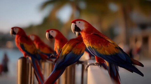 Colorful parrots perched on a wooden railing in a tropical outdoor setting with blurred background