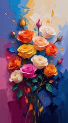 Impressionist oil painting roses: vibrant hues, thick texture, high contrast, rich color, impasto brushstrokes and heavy palette knife textures. Abstract background. Wallart.