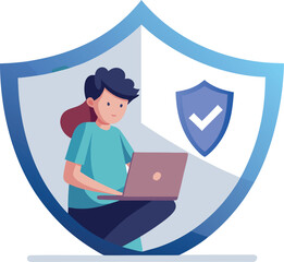 Young child browsing the internet safely behind a digital shield representing cybersecurity and parental protection illustration