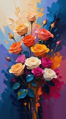 Impressionist oil painting roses: vibrant hues, thick texture, high contrast, rich color, impasto brushstrokes and heavy palette knife textures. Abstract background. Wallart.
