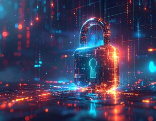 Digital padlock glows amidst a network of glowing data streams