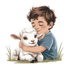Boy Hugging Lamb Illustration
