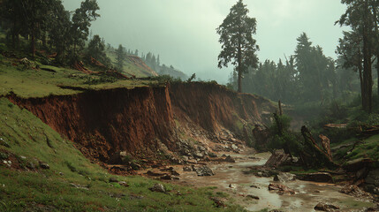 Fototapeta na wymiar A scene displaying landslides caused by heavy rainfall due to climate changes
