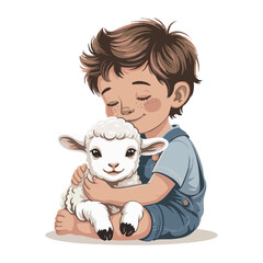 Boy Hugging Lamb Illustration