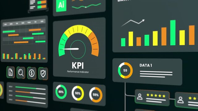 Visualization of business success featuring rising bar graphs and key performance indicator metrics on a dark display.