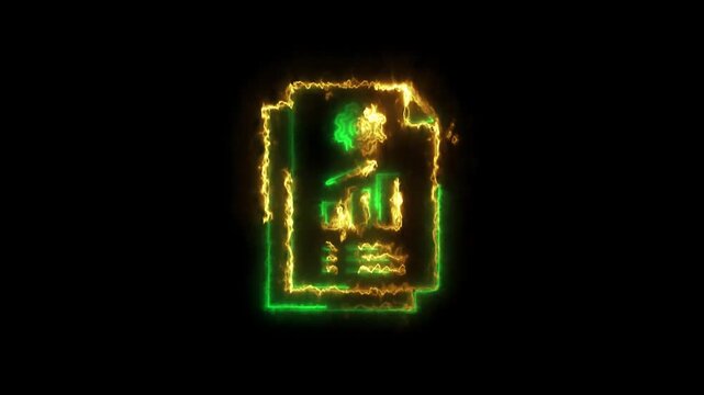Neon yellow and green Document Analytics Icon with Bar Chart and Data Symbols on Black Background, Futuristic Business Report Visualization, Digital Statistics File, Financial Analysis Concept, 