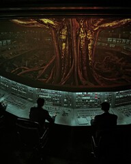 Dos figuras observan una representaci&oacute;n visual inquietante en una sala de control futurista.