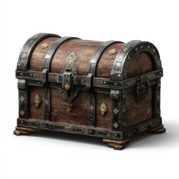 Una antigua arca de madera con detalles dorados y negros, evocando misterio y aventura.