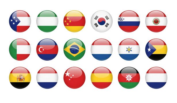 Modern 3D glossy international flag icons vector set isolated on white background