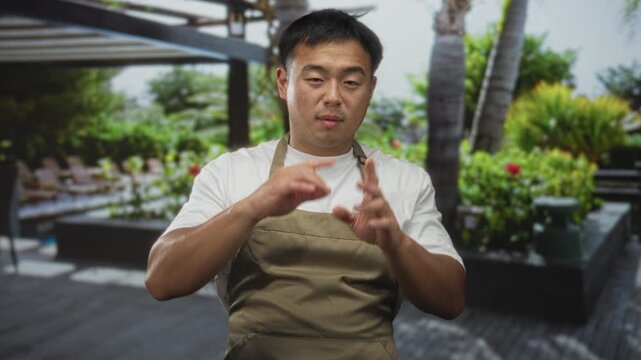 Man gesturing at poolside resort patio with palm trees, lounge chairs and blue pool water; relaxation.