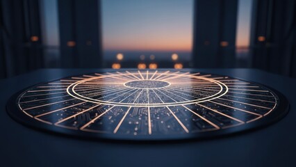 Futuristic circular panel with illuminated grid, against a blurred cityscape at dusk