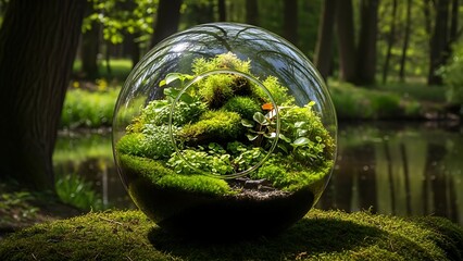 Glass Terrarium with Plants in Forest Setting