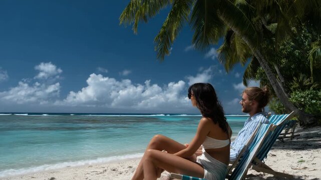 Relaxing Beach Scene with Two Women Sitting on Lounge Chairs Under a Tree in a Tropical Paradise