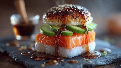 Indulge in a vibrant sushi burger layered with fresh salmon, creamy avocado, and sticky rice, drizzled with savory sauce for an exquisite culinary delight.