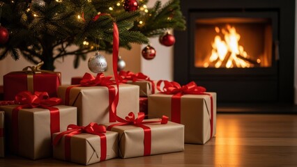 Holiday scene gifts under a decorated tree, fireplace blazing, warm glow