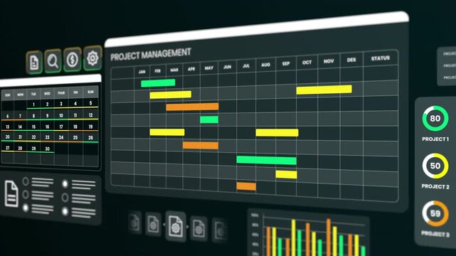 Integration of project scheduling tools showing a Gantt chart alongside calendar and task management modules.