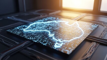 Illuminated tech display of a continent with glowing outline on circuit board