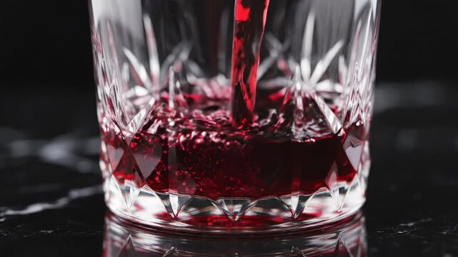 Extreme slow motion macro shot of dark red liquid being poured smoothly into a beautiful crystal glass against a dark reflective surface table setting, extreme slow motion, bar scene