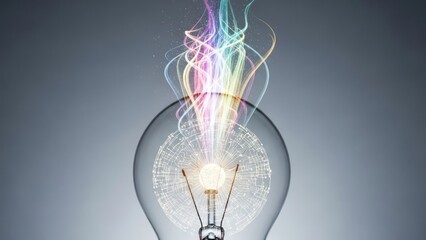 Lightbulb with intricate circuit design glowing internally with colorful energy bursts