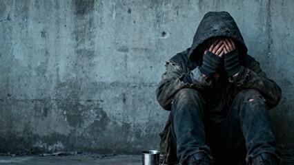 Person in distress sitting against wall