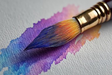 Un pincel art&iacute;stico con cerdas vibrantes descansa sobre una pincelada de acuarela en tonos azules y morados.