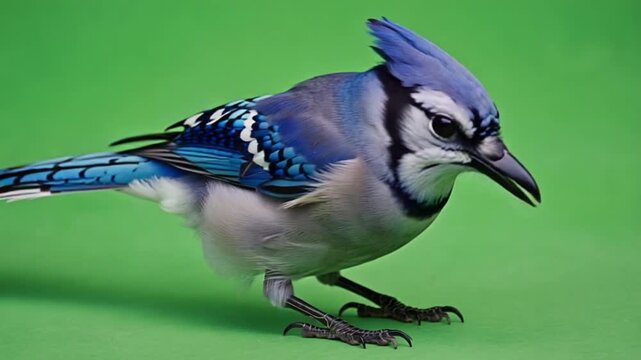 Vibrant blue jay bird walking on green background